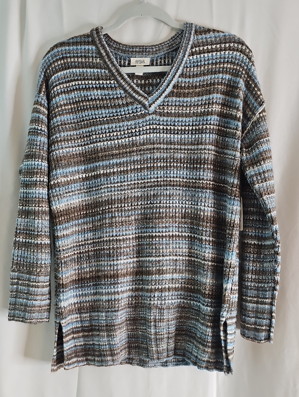 a.n.a V-Neck Striped Knit Sweater - Blue & Brown